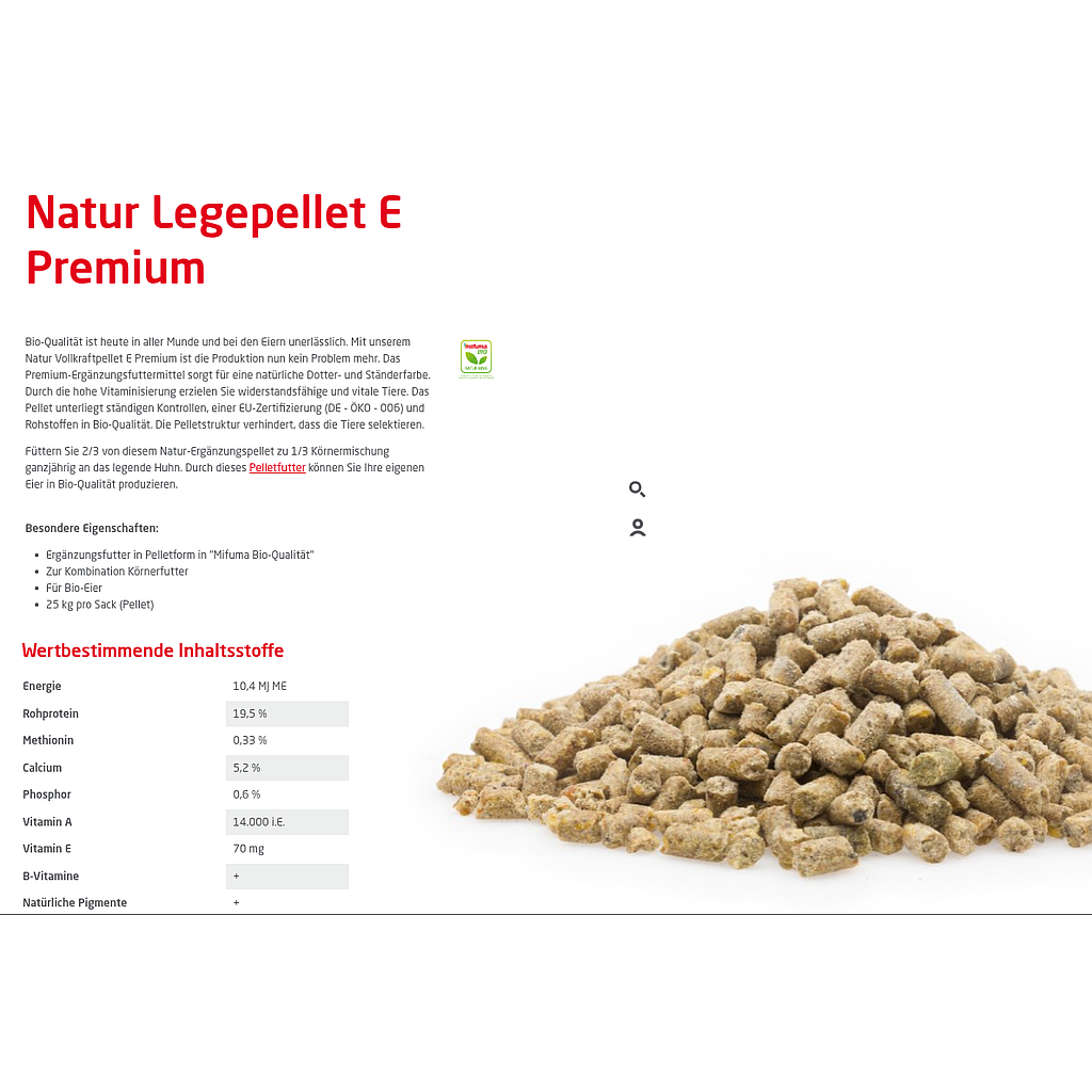 Natural Laying Hen Pellets E Premium, organic - 25kg